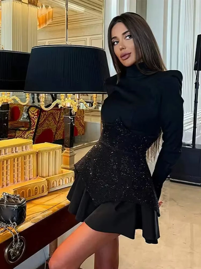 Long Sleeves Waist Sparkle Diamond Mini Dress