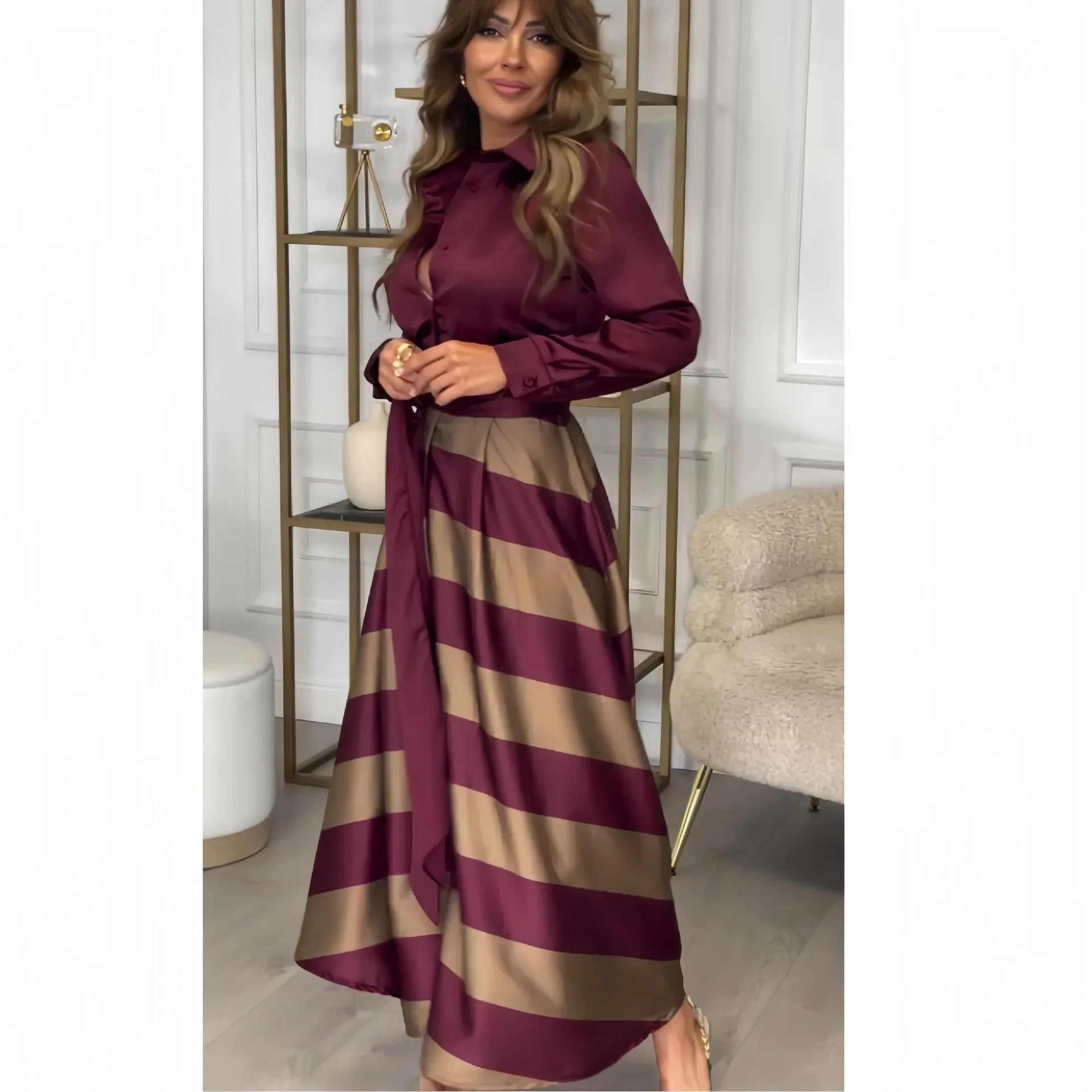 Striped Lace-Up Abaya Dress for Modern Muslim Women