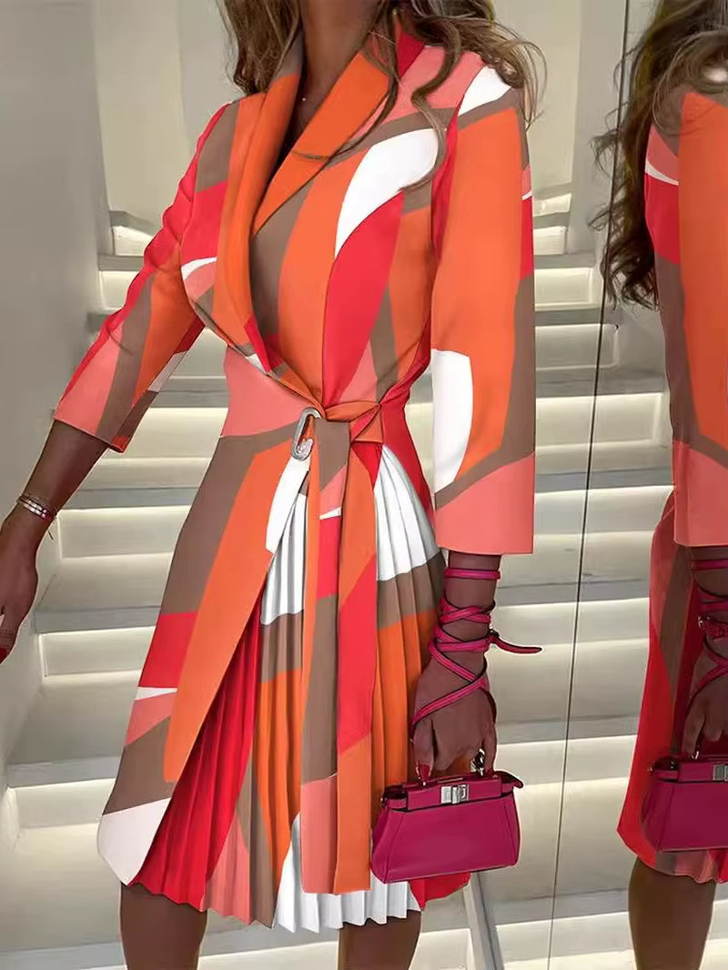 Autumn V-Neck Cinched Waist Printed Dress