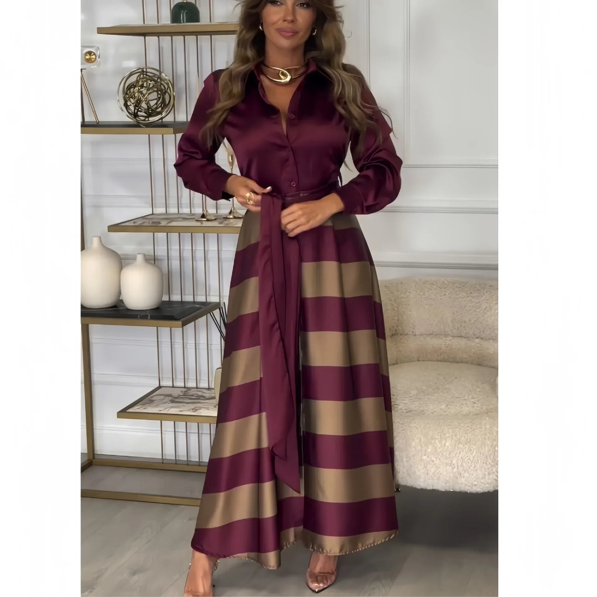 Striped Lace-Up Abaya Dress for Modern Muslim Women