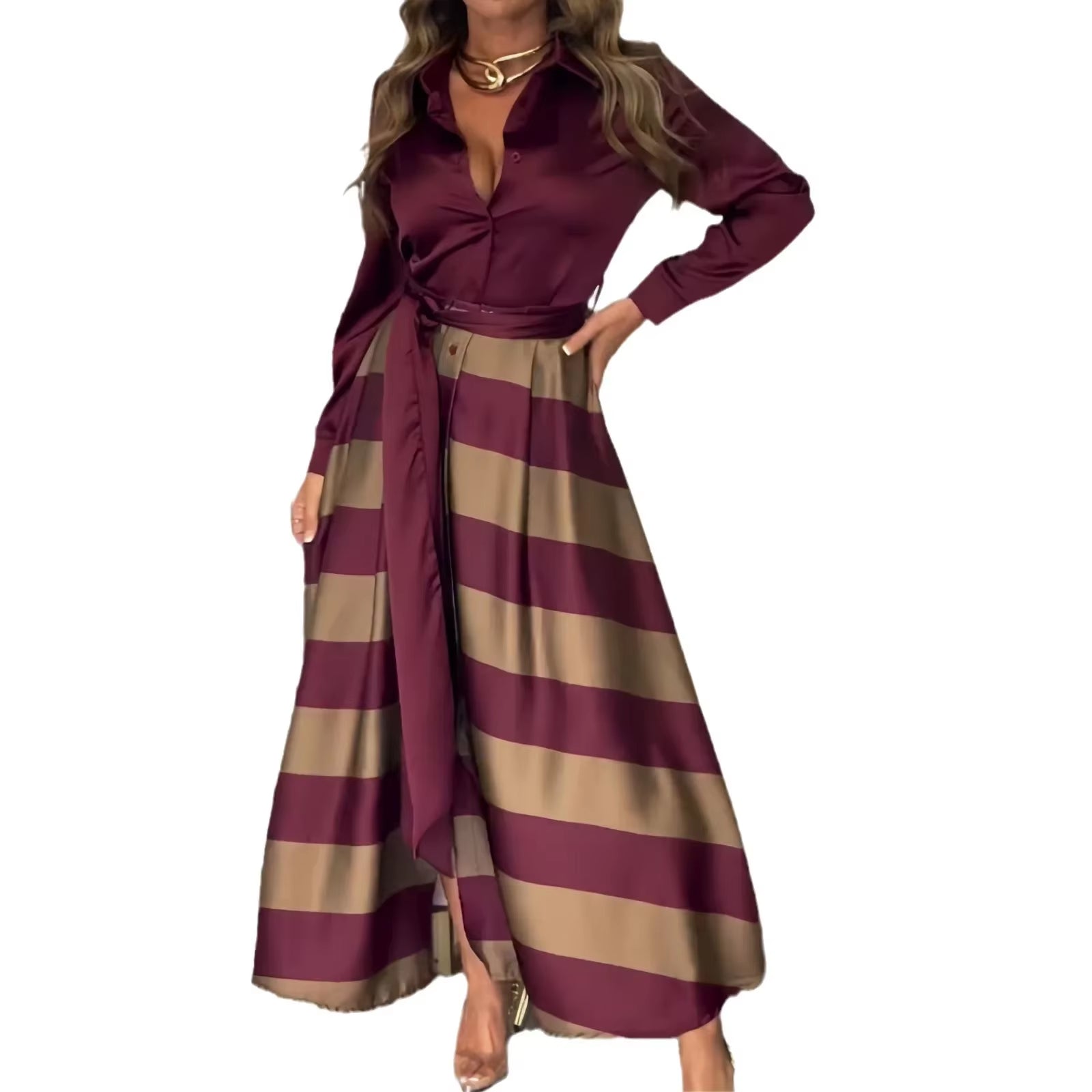 Striped Lace-Up Abaya Dress for Modern Muslim Women